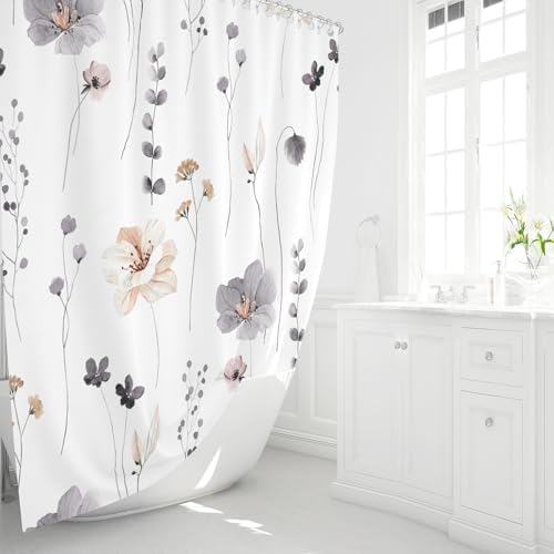 Gibelle Charcoal Grey Watercolor Floral Fabric Shower Curtain, 72x72