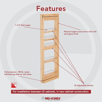 Rev-A-Shelf Kitchen Cabinet Pull Out Wall Filler Wooden Organizer Slide Out Pantry Storage w/Soft-Close in Multiple Sizes, 3 x 39 in, 432-WFBBSC39-3C