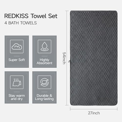 REDKISS 4 Pack Charcoal Gray Microfiber Bath Towels - Large Shower Towels Set for Bathroom, Super Absorbent Towel Set of 4 Lagre, Quick Dry Bathroom Towel for Spa, Gym,Travel, Lint Free, Ultra Soft