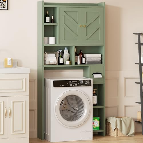Shintenchi Over the Toilet Storage Cabinet, Bathroom Storage Cabient with Barn Doors, Bathroom Storage Shelf Organizer with Toilet Paper Holder, Adjustable Shelf and Anti-Tip Device, Green