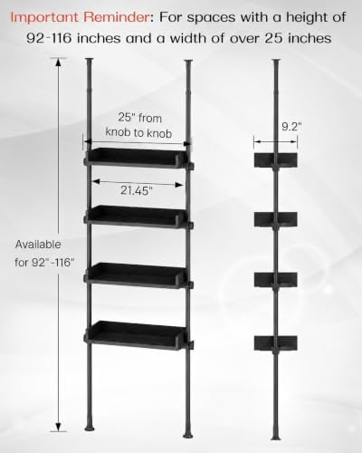 ALLZONE Bathroom Organizer, Over The Toilet Storage, 4-Tier Adjustable Wood Shelves for Small Rooms, Saver Space Rack, Narrow Cabinet, 92 to 116 Inches Tall, Black