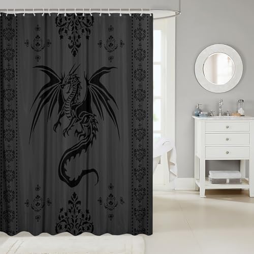 Feelyou Dragon Shower Curtain Kids Boys Teens Gothic Damask Paisley Floral Bathroom Waterproof Accessories with 12 Hooks 72x72 Inches Women Bohemian Exotic Animal Theme Room Decor,Grey Black