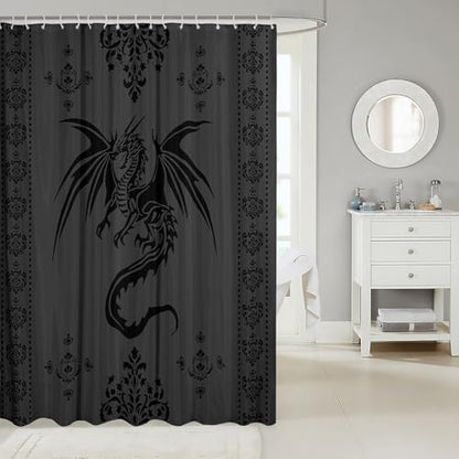Feelyou Dragon Shower Curtain Kids Boys Teens Gothic Damask Paisley Floral Bathroom Waterproof Accessories with 12 Hooks 72x84 Inches Women Bohemian Exotic Animal Theme Room Decor,Grey Black