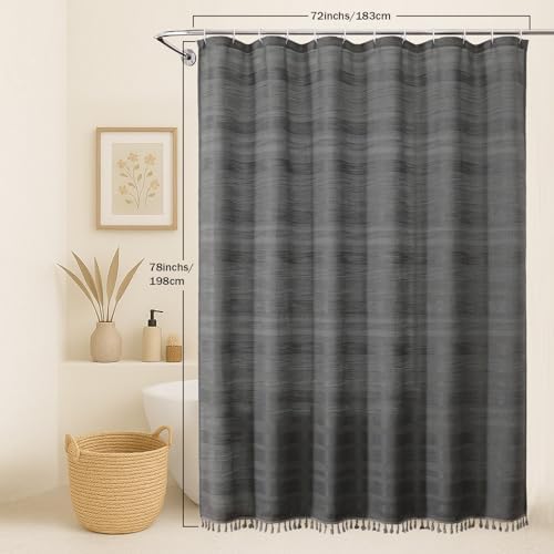 OVZME Charcoal Grey Shower Curtain 78 Inch Long, Boho Farmhouse Thick Striped Fabric Hotel Shower Curtain with Tassel, Minimalist Textured Weighted Machine Washable Bathroom Decor, 72Wx78L Inches