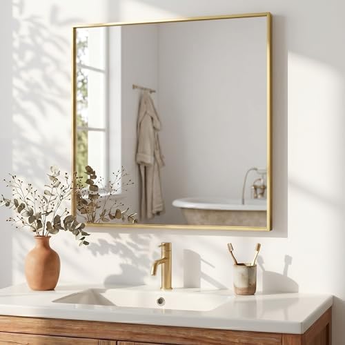 30"x30" Satin Gold Framed Square Bathroom Vanity Wall Mirror