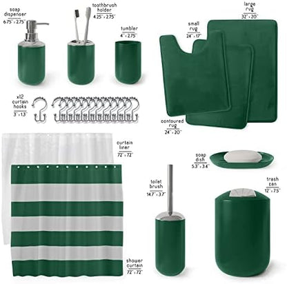 Clara Clark Bathroom Set - Green Bathroom Accessories Set, Bathroom Sets with Shower Curtain and Rugs, 23PC Shower Curtain Set with Liner, Soap Dispenser, Soap Dish, Toilet Brush Holder, and Trash Can