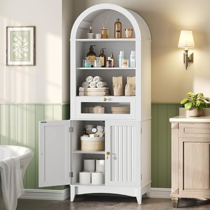 RALGEND 66" Tall Bathroom Storage Cabinet with Flip Drawer, Freestanding Storage Cabinet with Doors & Shelves,Arched Cabinets for Bathroom, Living Room, Kitchen, Laundry, White