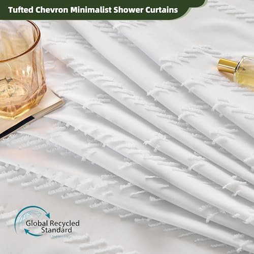 Siiluminisoy Extra Long White Boho Shower Curtain with Tassel, Woven Fabric 90 in Shower Curtain, Tufted Chevron Striped, 72 x 90, Modern Chic Textured Minimalist Bathroom Shower Curtains