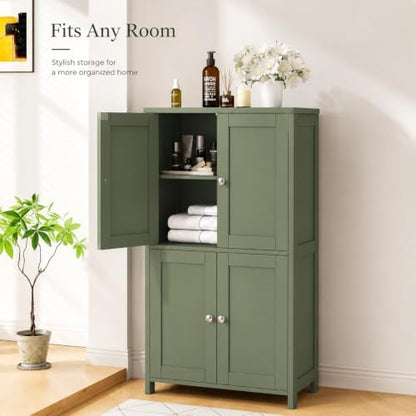Nuturelly Bathroom Floor Storage Cabinet, 4 Doors, Anti-Tip, Pale Green