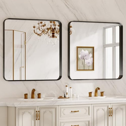 Bathroom Mirror for Wall, 30 Inch Square Mirror, Matte Black Metal Framed