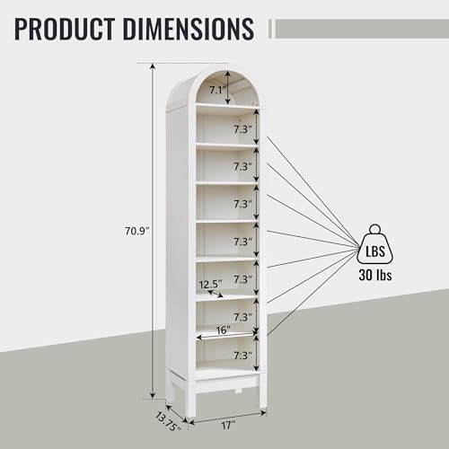 IFBUY 71" Tall Arched Bathroom Storage Cabinet, 8-Tier Modern Farmhouse Storage Cabinet with Adjustable Shelves, Wood Freestanding Cabinet for Bathroom, Living Room, Entryway, Hallway (Antique White)