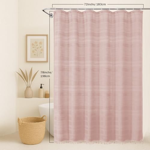 OVZME Pink Shower Curtain 78 Inch Long, Boho Thick Linen Textured Shower Curtain with Tassel, Farmhouse Minimalist Striped Weighted Machine Washable Bathroom Decor, 72Wx78L Inches