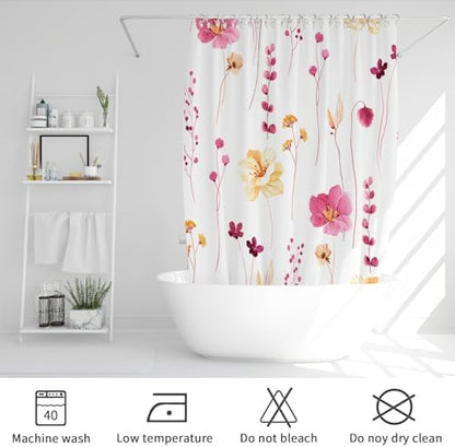 Gibelle Pink Yellow Beige Watercolor Floral Fabric Shower Curtain, 72x72