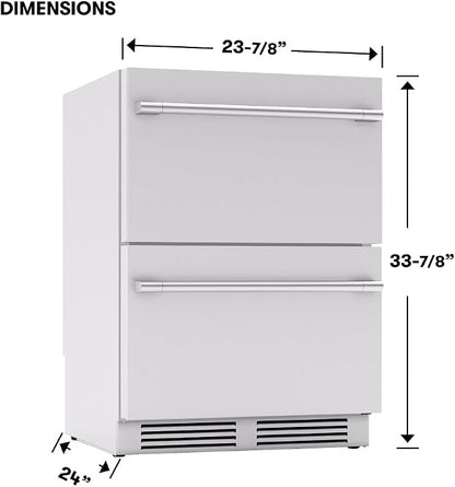 Zephyr Presrv 24 Inch Outdoor Dual Zone Refrigerator Drawers Wine & Beverage Fridge, Stainless Steel Wine Cooler Home Bar Under Counter Freestanding Built in, Energy Star Certified, 5.1 Cu. Ft
