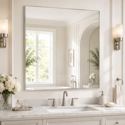 30"x30" Brushed Nickel Framed Square Bathroom Vanity Wall Mirror