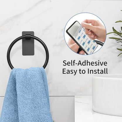STWWO Hand Towel Holder for Bathroom, Adhesive Round Towel Ring, Black