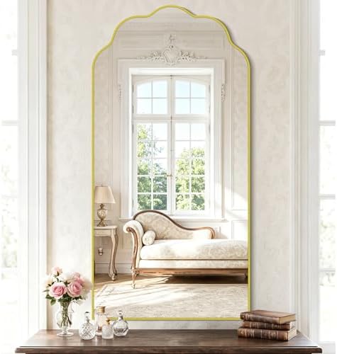 Gold Arched Mirror, 24×48Inch Scalloped Mirror for Bathroom, Wavy Wall Mounted Vanity Mirror with Aluminum Alloy Frame for Livingroom Bedroom and Entryway, Tempered Glass
