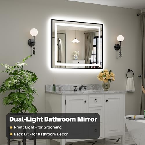 Briivue 40x32 Inch LED Bathroom Mirror with Gold Frame, Backlit & Front Lit