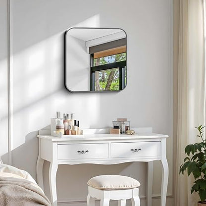 Black Bathroom Mirror, 18 x 18 inch Square Mirrors for Wall, Metal Frame Rounded Corner Vanity Mirror for Over Sinks Modern Bedroom Living Room Horizontal Or Vertical Mounting