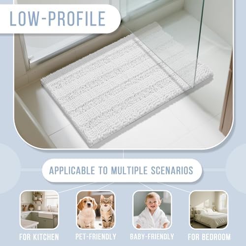 Yimobra Bathroom Rug Mat 44 x 24, Non Slip and Super Absorbent Bath Mat,Machine Washable Quick Dry,Ultra Plush Chenille Shower Rugs for Bathroom Floor Sink Tub and Shower Outside,White