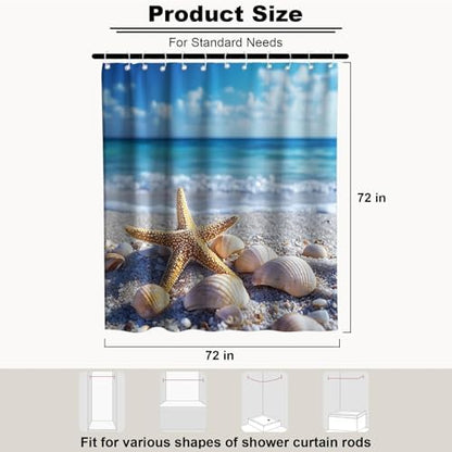 Beach Ocean Shower Curtain, Rustic Luxury Coastal Nautical Aesthetic Seashell Shower Curtains for Bathroom, Waterproof Bath Curtain with Hooks Machine Washable Bathtub Curtains 72x72 Inch Blue