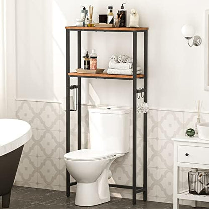 HOOBRO Over The Toilet Storage, 2-Tier freestanding Over the Toilet Storage, Bathroom Organizer Over Toilet with Toilet Paper Holder and Hooks, Space Saver for Room, Rustic Brown and Black BF49TS01
