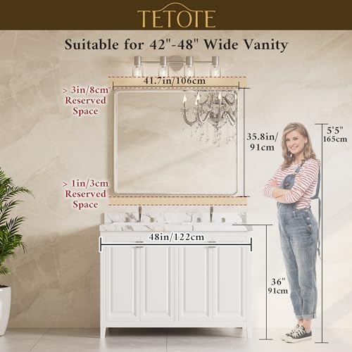 TETOTE Brushed Nickel Mirrors for Over Sink 42 x 36 Beveled Edge Tempered Glass, Rounded Corner Rectangle Framed Mirror for Modern Bathroom, Living Room, Bedroom, Entryway