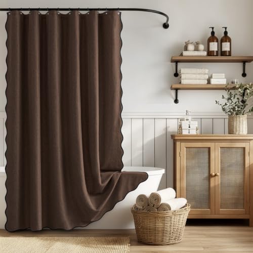ANRODUO Brown Scalloped Linen Textured Shower Curtain, W72 x L108