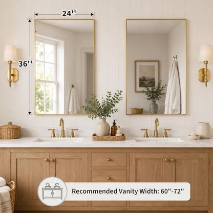 2-Pack 24"x36" Brushed Gold Framed Bathroom Vanity Wall Mirrors