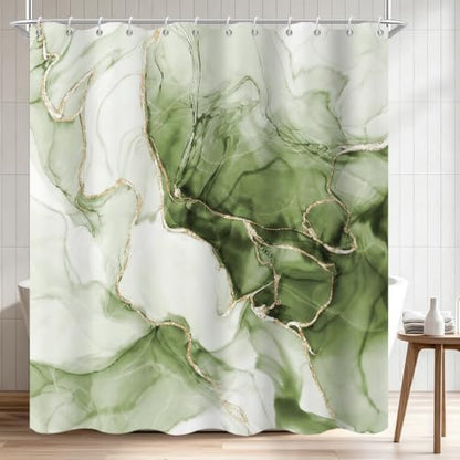 Green Marble Shower Curtain Modern Abstract Luxury Gold Ink Texture Gray Ombre Watercolor Bathroom Curtain Set with Hooks Soft and Lightweight Waterproof Fabric Machine Washable 48" Wx72 L