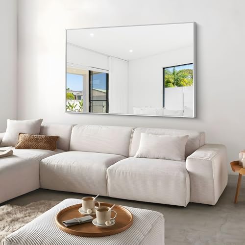BONEWEI Silver Bathroom Mirror,60x40 inch Wall Mirror for Bathroom Wall Mounted,Large Rectangle Mirror for Bathroom Over Sink,Modern Metal Frame for Living Room,Bedroom Entryway,Horizontal/Vertical