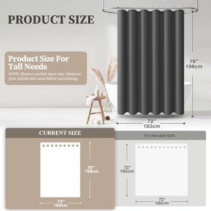 BTTN 72x78 Linen Textured Waterproof Fabric Shower Curtain, Charcoal Grey