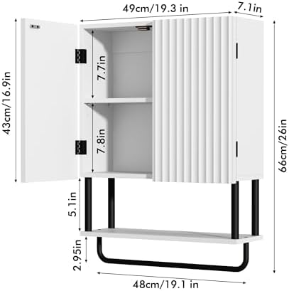 RUSTOWN Fluted Bathroom Wall Cabinet with 2 Doors, 3-Tier Medicine Cabinet