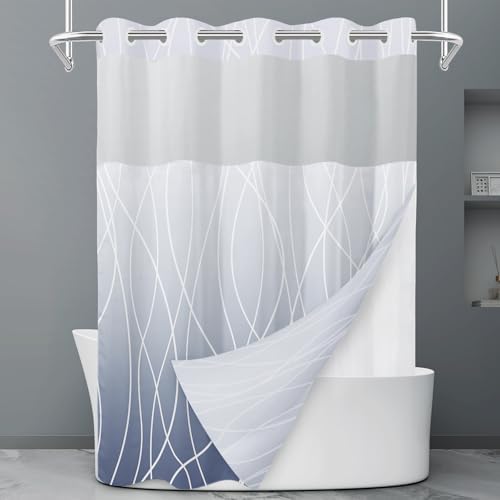 LXBNI Ombre Blue No Hook Shower Curtain with Liner, 71 x 74 Inch