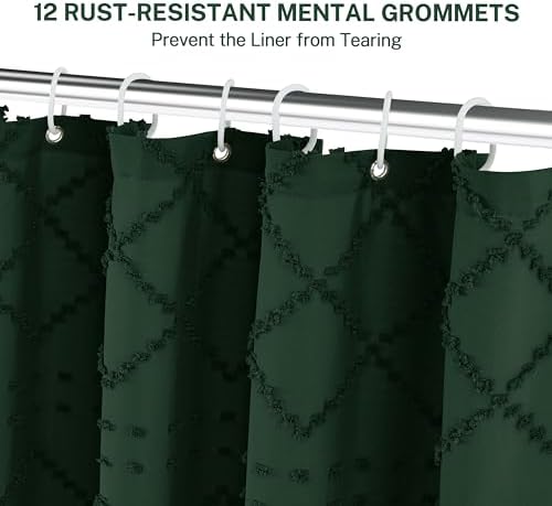 Siiluminisoy Dark Green Boho Shower Curtain Woven Fabric Cute Shower Curtain, 72 x 72 Tufted Chevron Textured Striped Modern Farmhouse Minimalist Cloth Shower Curtains for Bathroom
