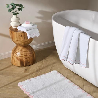 Peri Home 100% Cotton Hand Towel for Bathroom, Embroidered, Soft & Absorbent, 500 GSM, 1 Piece, 16" x 27", White with Blush Scallop | Bathroom, Embroidered, Soft & Absorbent