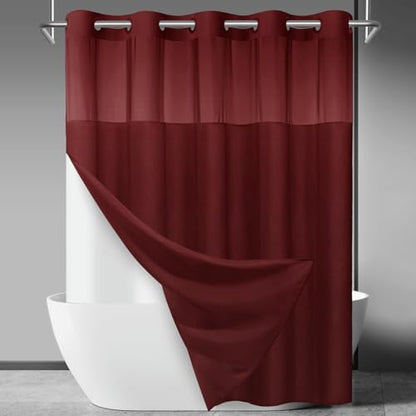 SORTTO No Hook Slub Shower Curtain with Liner, 71x74, Burgundy