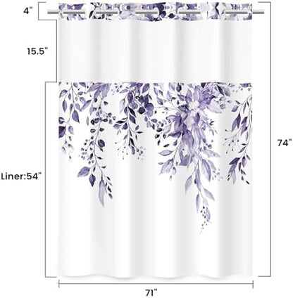 WITHLOC No Hook Floral Shower Curtain with Liner, Eucalyptus Purple, 71x74