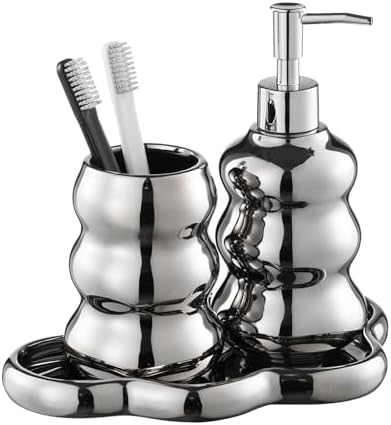 Silver Bathroom Accessory Set, 3-Piece Ceramic Bath Accessories Set with Tray, Lotion Dispenser, and Tumbler