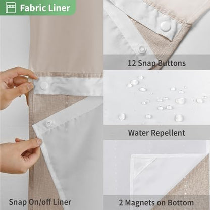 eachope Boho Farmhouse No Hook Shower Curtain Set with Snap-in Fabric Liner,Heavy-Duty Linen Textured Rustic Striped Design,Water-Repellent with Tassels and Sheer Window,Tan/Taupe,71x74