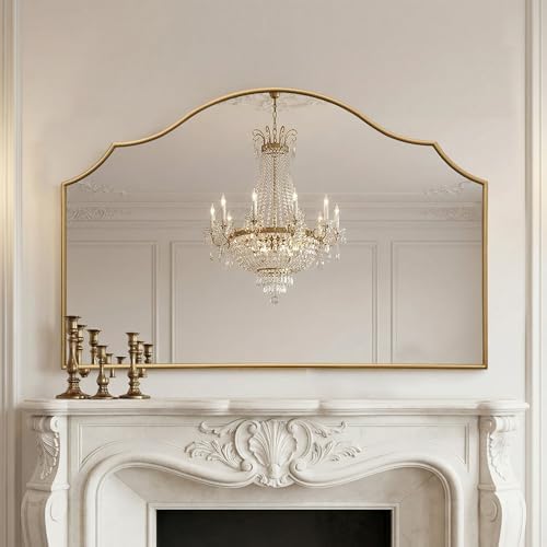 Besdomus Gold Scalloped Wall Mirror: 47"x31" Large Wooden Fireplace Mirror