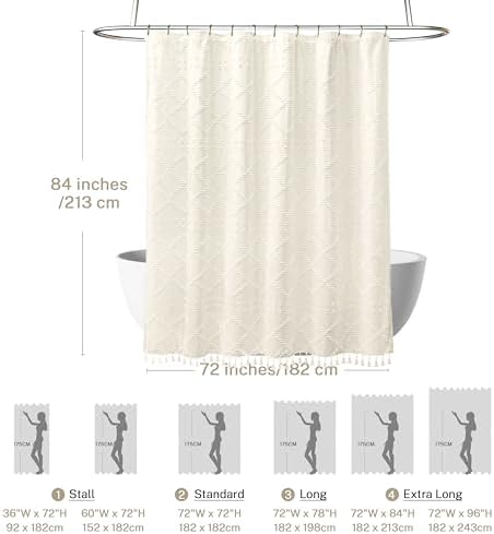 Siiluminisoy Extra Long Cream Boho Shower Curtain - Woven Fabric, 72 x 84 Tufted Chevron Textured Striped Modern Farmhouse Minimalist Cloth Curtain for Bathroom