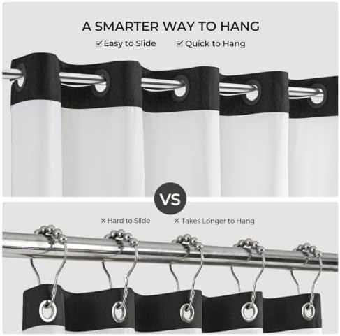 River Dream Linen Textured No Hooks Shower Curtain with Liner,Black,71x74