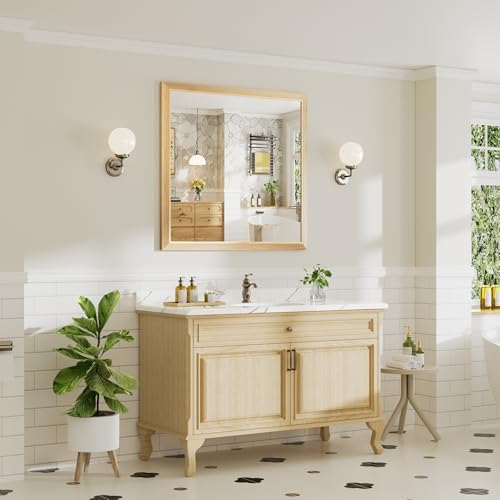 40x38 Inch Bathroom Mirror for Wall, Anti-Rust Oak Wood Grain Metal Framed Bathroom Mirrors for Over Sink,Rectangler Mirrors for Bathroom Vanity, Farmhouse, Bedroom, Living Room, Entryway Decor