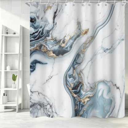 Ocean Blue Marble Shower Curtain Modern Abstract Luxury Gold Ink Texture Gray Ombre Watercolor Bathroom Curtain Set with Hooks Soft and Lightweight Waterproof Fabric Machine Washable 48"Wx72"L