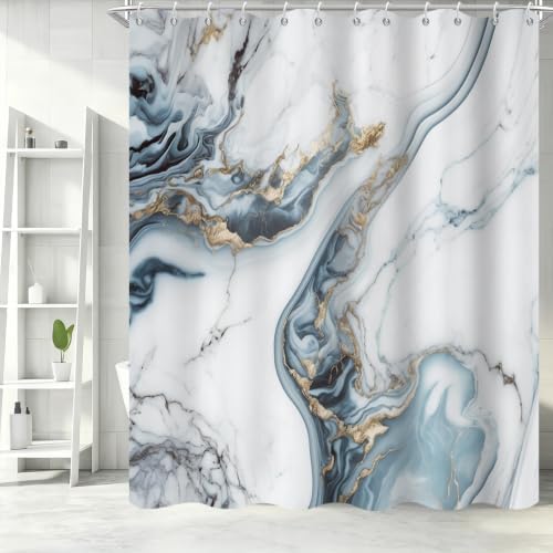 Ocean Blue Marble Shower Curtain Modern Abstract Luxury Gold Ink Texture Gray Ombre Watercolor Bathroom Curtain Set with Hooks Soft and Lightweight Waterproof Fabric Machine Washable 72"Wx72"L