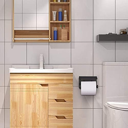 VAEHOLD Self Adhesive Toilet Paper Holder with Phone Shelf Stainless Steel Wall Mounted Toilet Paper Roll Holder - Rustproof and Bathroom Washroom Tissue Roll Holder with Shelf - Black