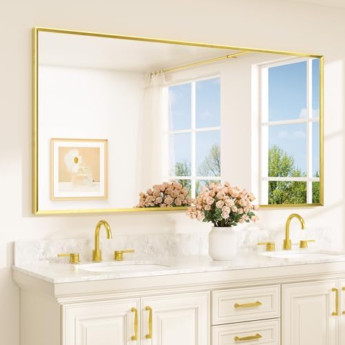 TETOTE Brushed Gold Mirror Beveled Frame 72" x 36" Large Brass Gold Rectangle Bathroom Vanity Wall Mirror for Over Sink, Modern Farmhouse, Tempered Glass, Shatterproof, Stronger Frame
