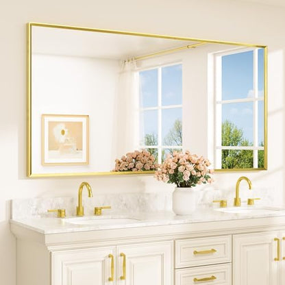 TETOTE Brushed Gold Mirror Beveled Frame 72" x 36" Large Brass Gold Rectangle Bathroom Vanity Wall Mirror for Over Sink, Modern Farmhouse, Tempered Glass, Shatterproof, Stronger Frame