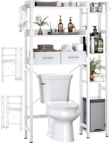Besiost Over The Toilet Storage, 7 Tier Bathroom Organizer with Reversible Side Shelf and 2 Fabric Drawers, Adjustable Freestanding Rack Space Saver for Small Spaces, White